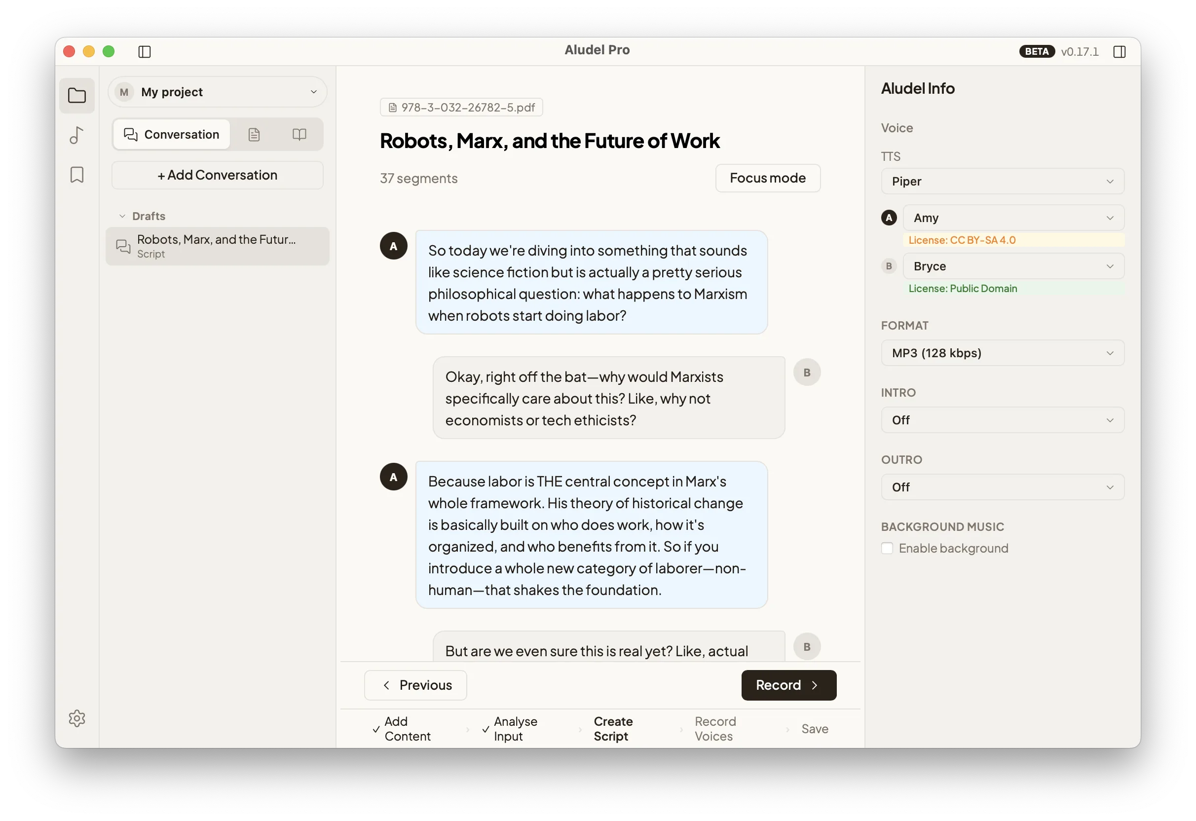 Editor dello script con dialogo a due voci modificabile