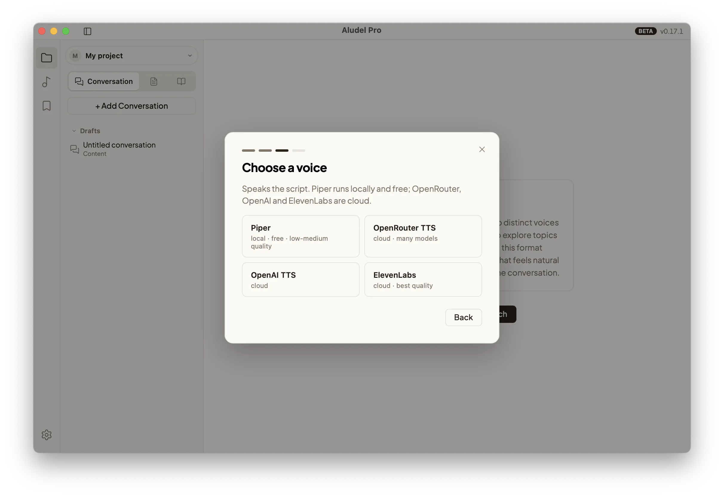 Selezione della voce ElevenLabs in Aludel