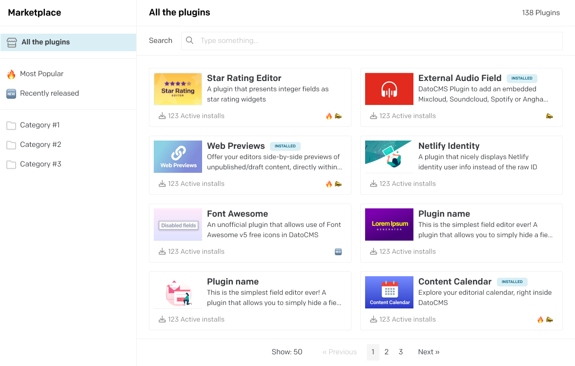 Plugin discovery modal in-CMS con navigazione per categoria